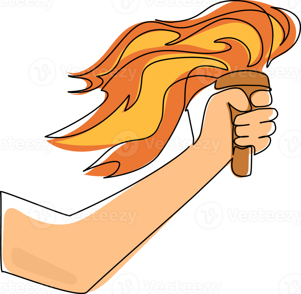 Single continuous line drawing torch in hand. Torch flat icon isolated. Peaceful fire of freedom, equality and brotherhood. Victory in competitions. One line draw design png