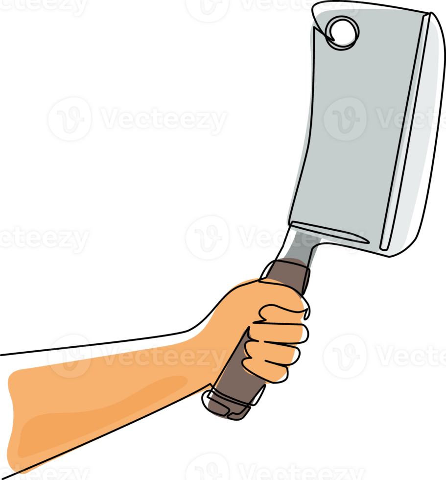 Continuous one line drawing hand holding meat kitchen cleaver, butcher knife. Sharp, utensil. Equipment concept. Cleaver used for topics like kitchen, cooking, chef. Single line draw design png