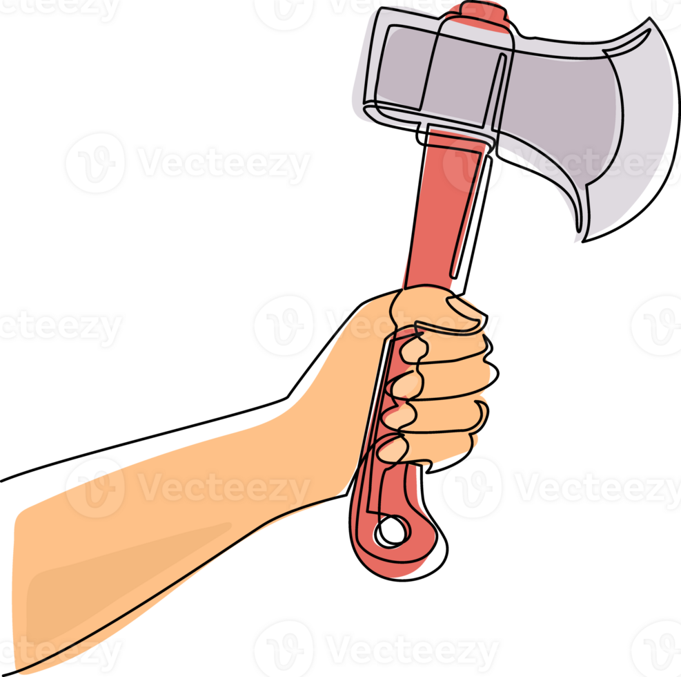 Single one line drawing hand holding wooden axe. Forester ax icon. Axes with wooden handle. Camping Axe, Lumberjack Axe. Illustration of weapon ax. Modern continuous line draw design graphic png