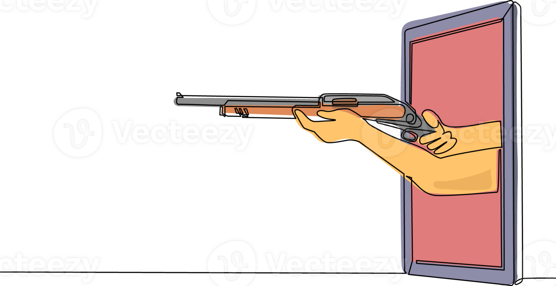 Single one line drawing hand holding shotgun through mobile phone. Concept of hunting video games, e-sport, entertainment application for smartphones. Continuous line draw design illustration png