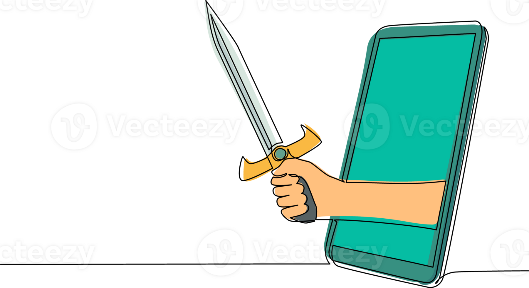 Single continuous line drawing hand hold sword warrior through mobile phone. Concept of mobile games, e-sport, entertainment application for smartphones. One line graphic design illustration png