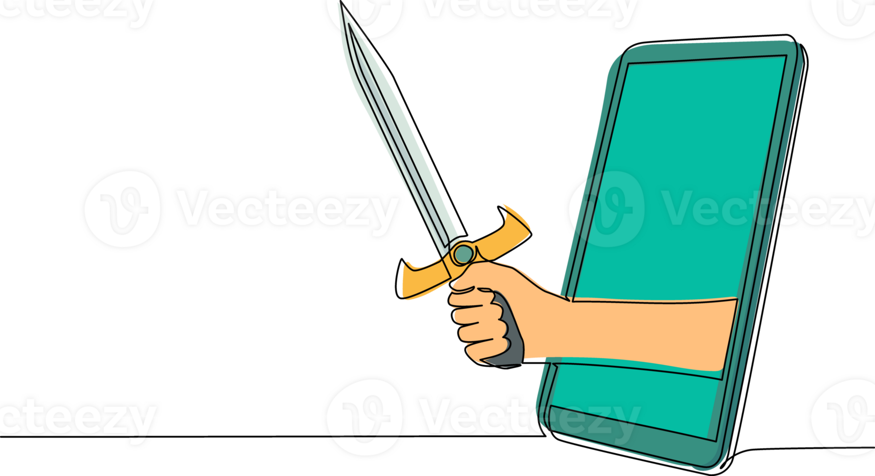 soltero continuo línea dibujo mano sostener espada guerrero mediante móvil teléfono. concepto de móvil juegos, deporte electrónico, entretenimiento solicitud para teléfonos inteligentes uno línea gráfico diseño ilustración png