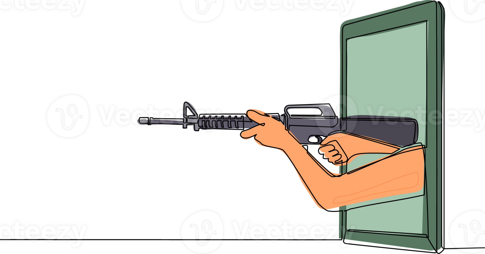 Single one line drawing hand holding M-16 assault rifle through mobile phone. Concept of battle video games, e-sport, entertainment application for smartphones. Continuous line design graphic png
