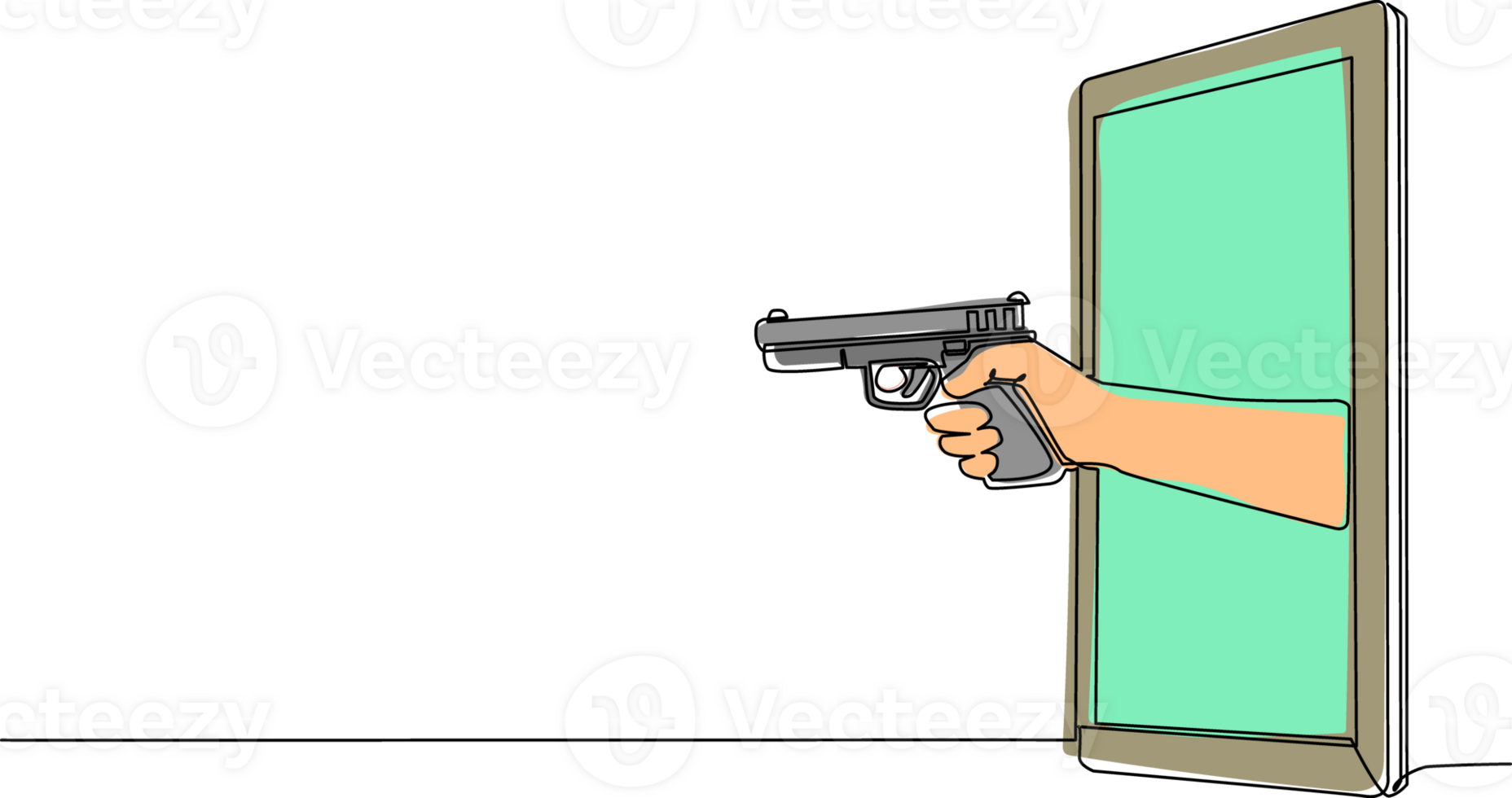 Single one line drawing hand holding handgun through mobile phone. Concept of police officer video games, e-sport, entertainment application for smartphones. Continuous line draw design graphic png