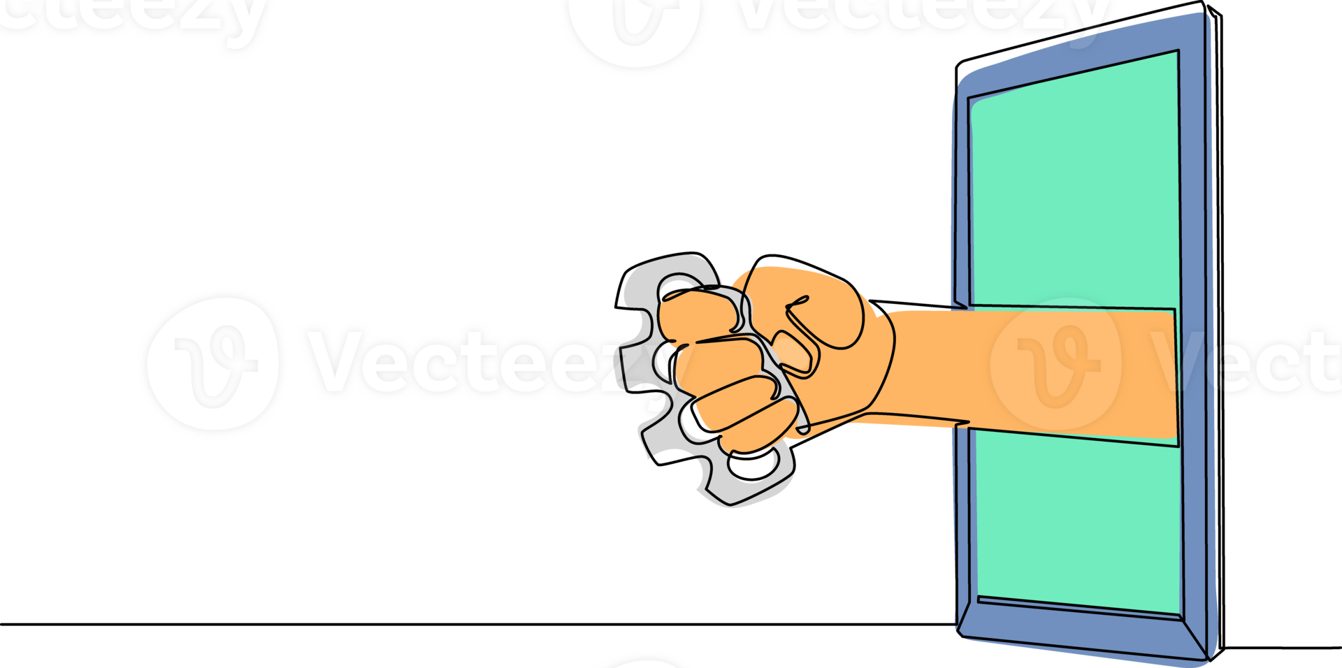 Continuous one line drawing hand holding brass knuckles through mobile phone. Concept of fighting video games, e-sport, entertainment application for smartphone. Single line draw design graphic png