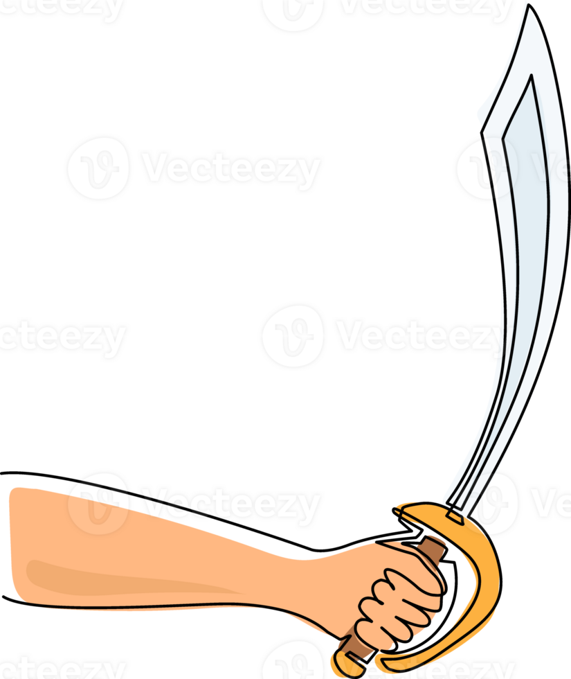 Single continuous line drawing hand holding cutlass pirate saber. Pirates curved sword. Corsair's blade. Weapon of the warrior of the seas. Dynamic one line draw graphic design illustration png
