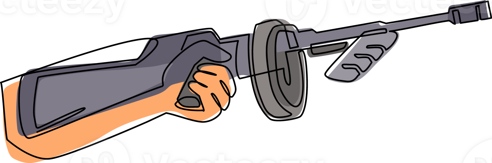 Continuous one line drawing hand holding tommy gun. Thompson submachine gun weapon. Mafia or gangster submachine gun. Emblem icon for e-sport team. Single line draw design graphic illustration png
