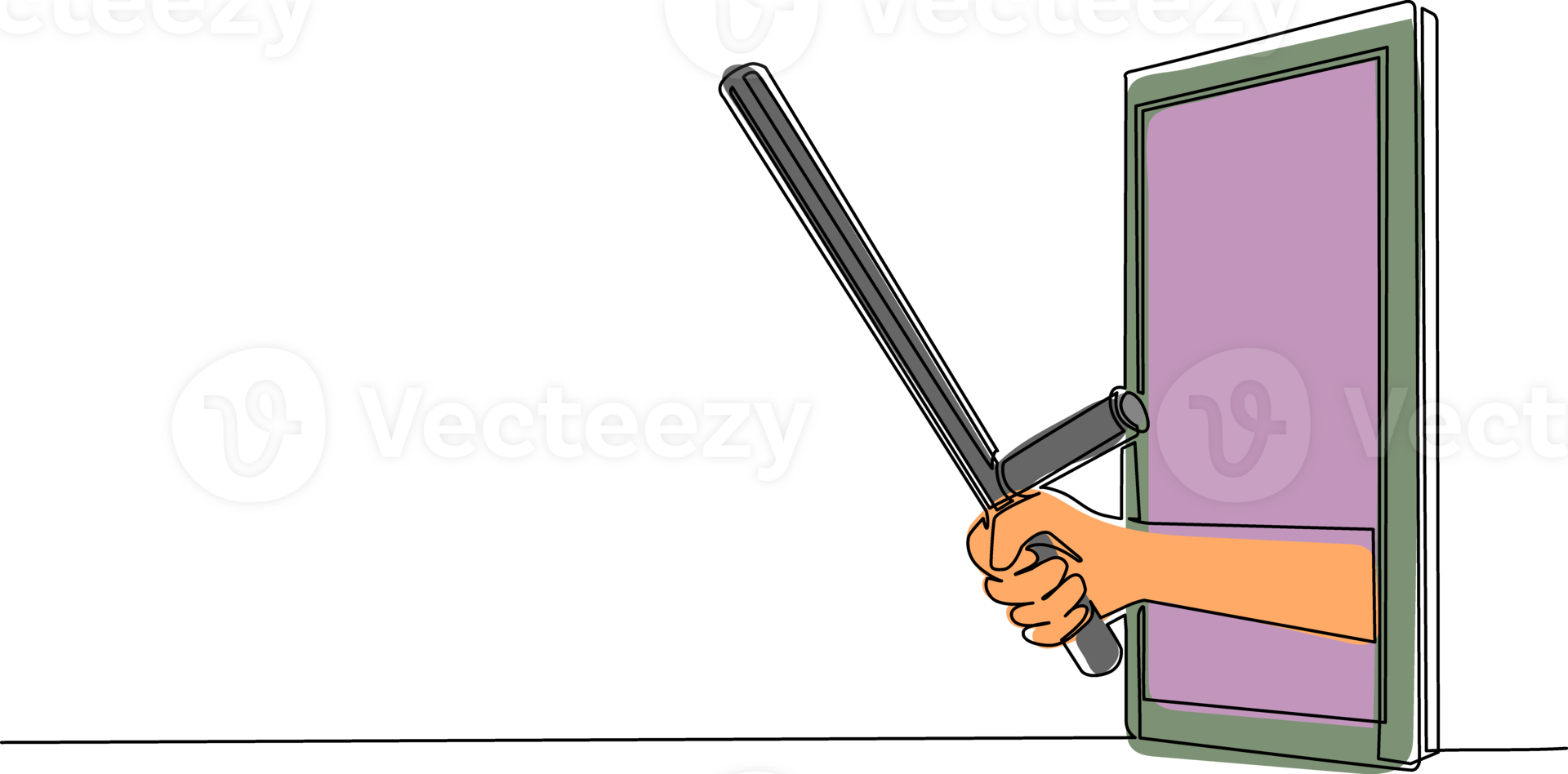 Single one line drawing hand holding police bat through mobile phone. Concept of officer video games, e-sport, entertainment application for smartphones. Continuous line draw design graphic png