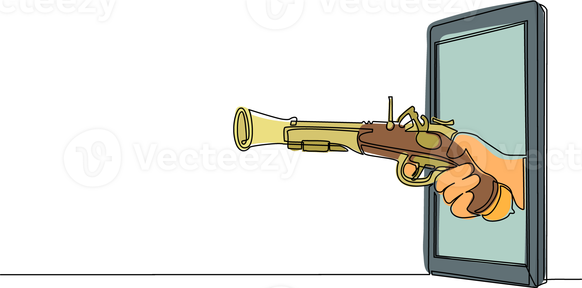 Continuous one line drawing hand holding old flintlock pistol through mobile phone. Concept of pirate video games, e-sport, entertainment application for smartphones. Single line draw design png