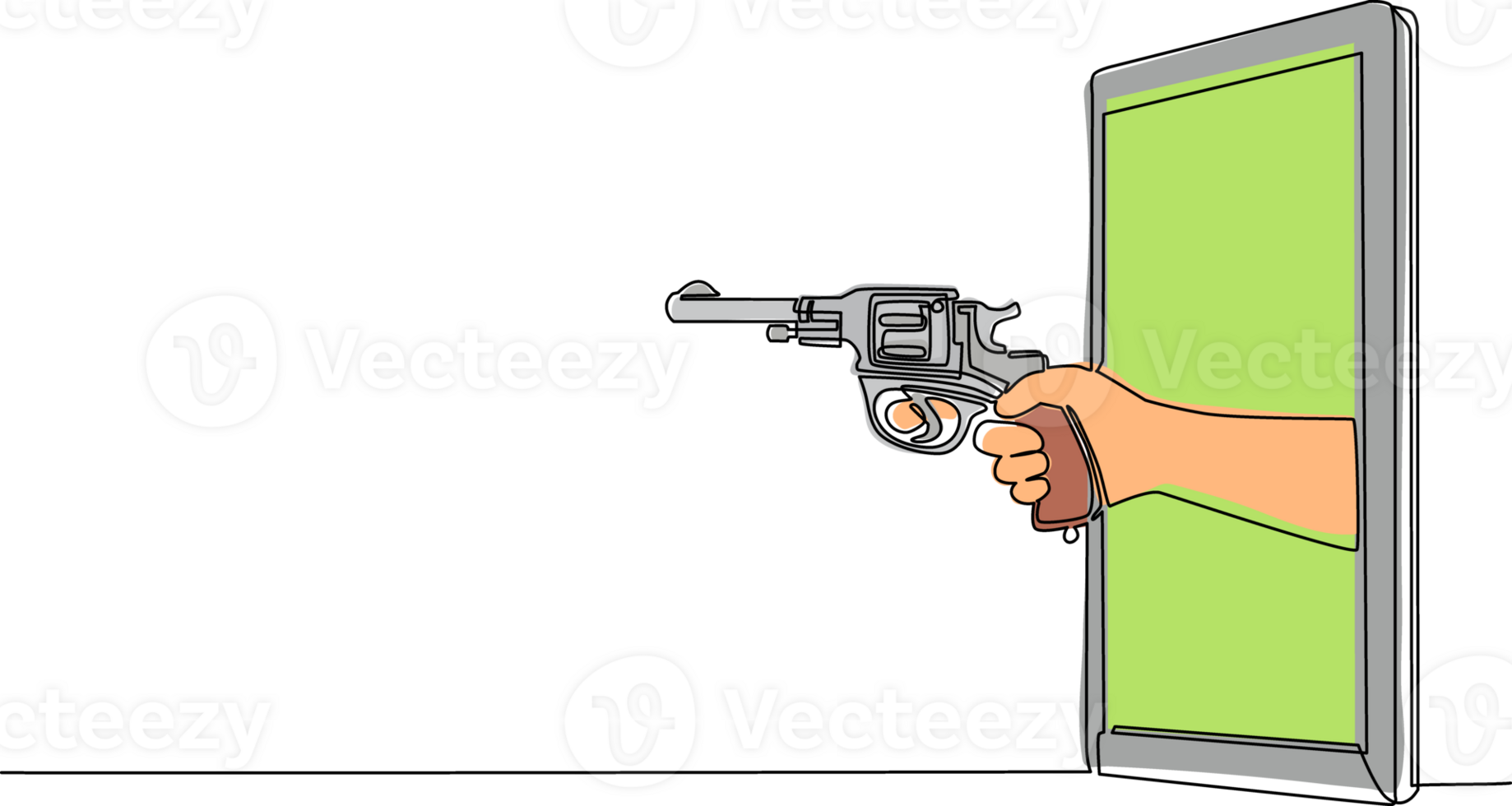 Single continuous line drawing hand holding revolver gun through mobile phone. Concept of battle video games, e-sport, entertainment application for smartphones. One line draw graphic design png