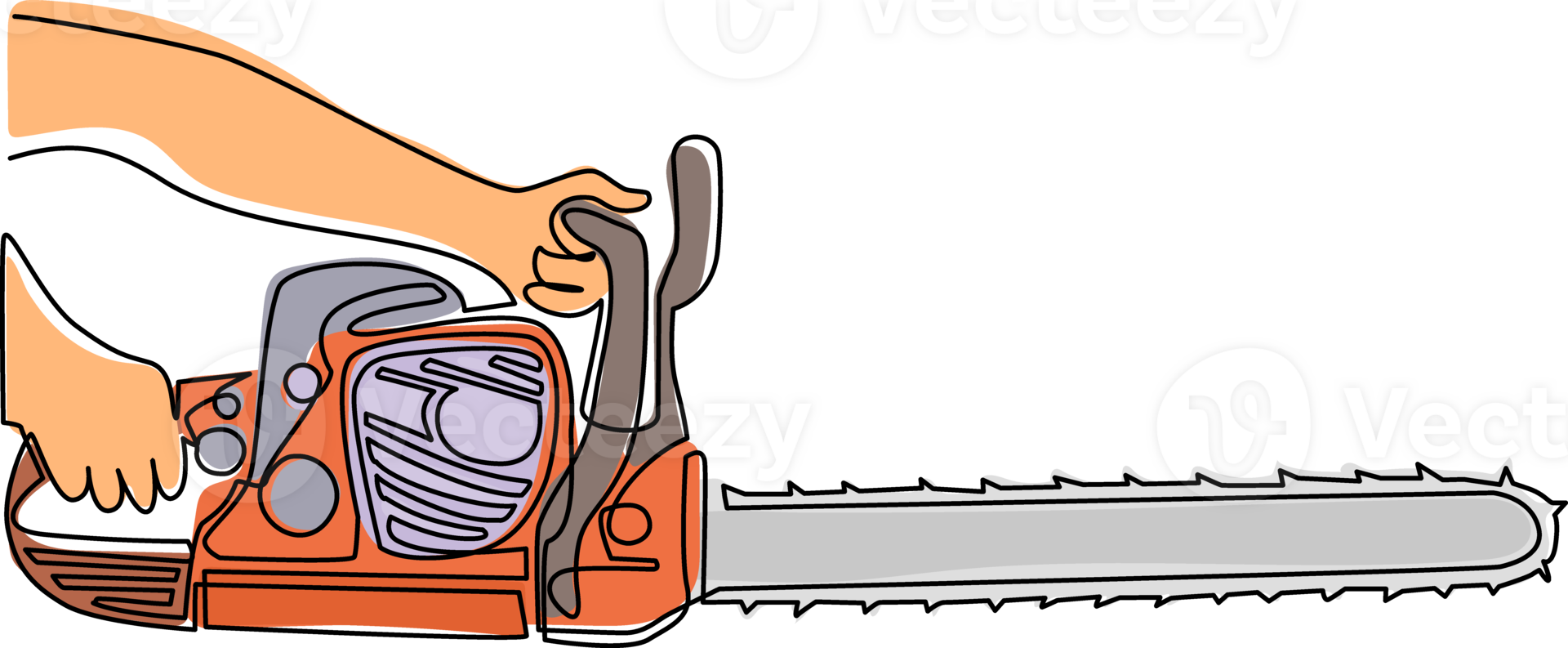 Single one line drawing hand holding chainsaw. Industry job equipment for strong man. Professional machine. Lumberjack tool. Woodcutter saw. Wood forester cutter. Continuous line draw design png