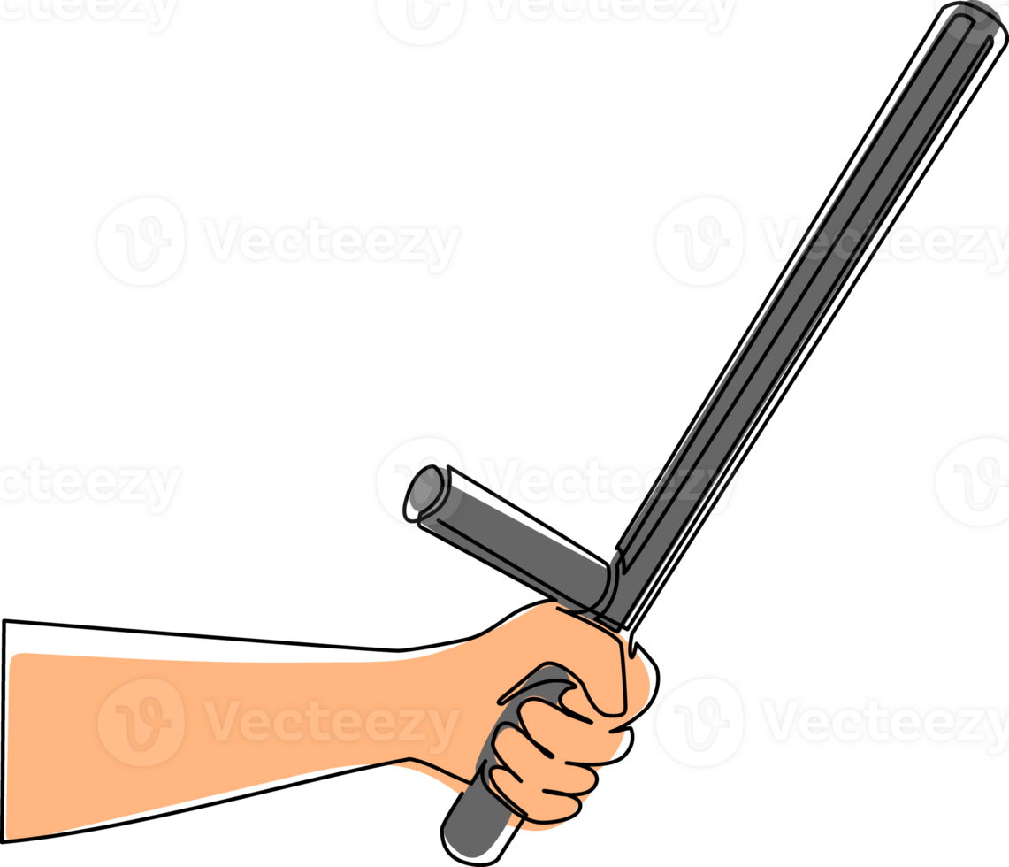 Single one line drawing hand holding police bat. Policeman ammunition, security rubber baton. Black truncheon with handle. Guard weapon. Modern continuous line draw design graphic illustration png