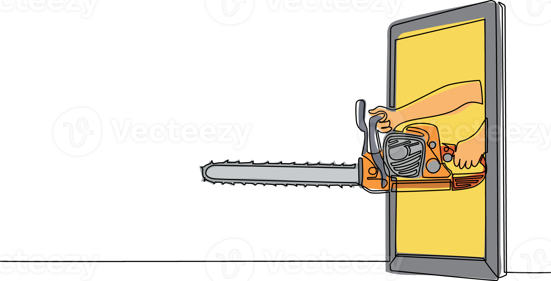 Single one line drawing hand holding chainsaw through mobile phone. Concept of lumberjack video games, e-sport, entertainment application for smartphones. Continuous line draw design graphic png