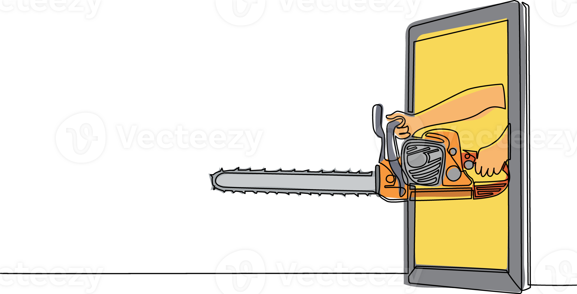 single een lijn tekening hand- Holding kettingzaag door mobiel telefoon. concept van houthakker video spellen, e-sport, vermaak toepassing voor smartphones. doorlopend lijn trek ontwerp grafisch png