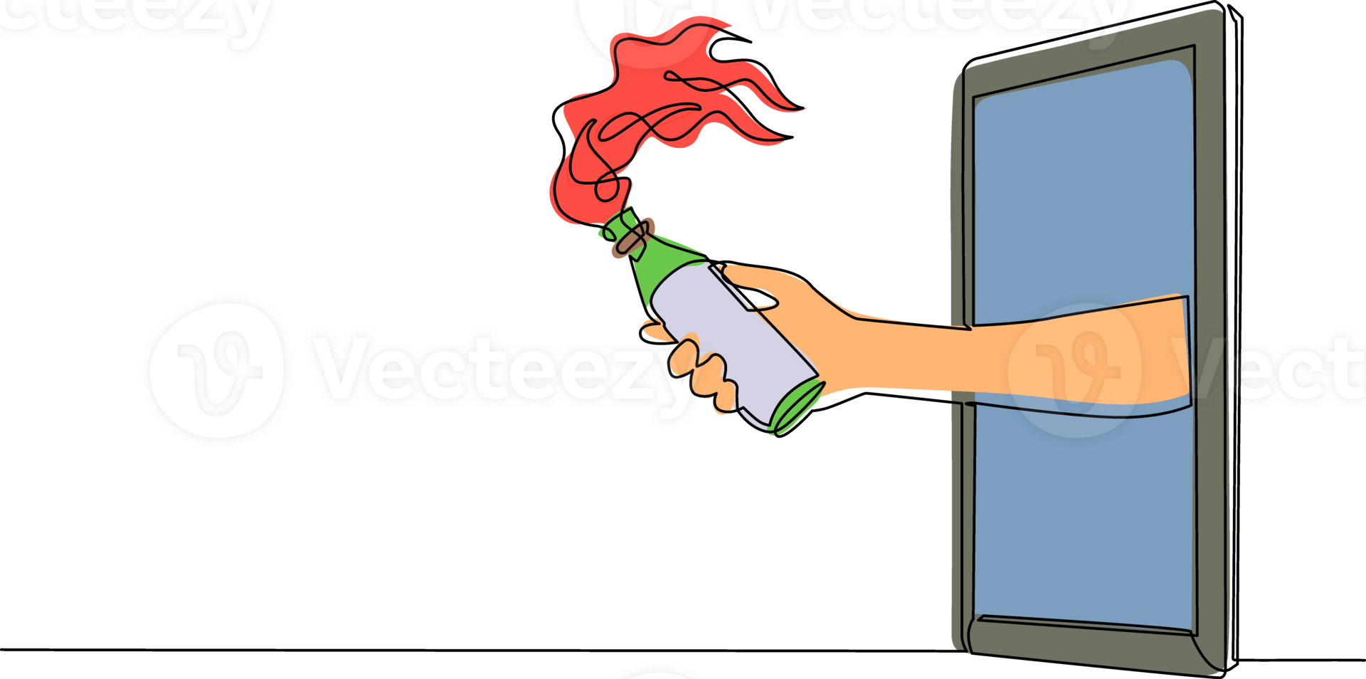 Single one line drawing hand holding molotov cocktail through mobile phone. Concept of battle video games, e-sport, entertainment application for smartphone. Continuous line draw design graphic png