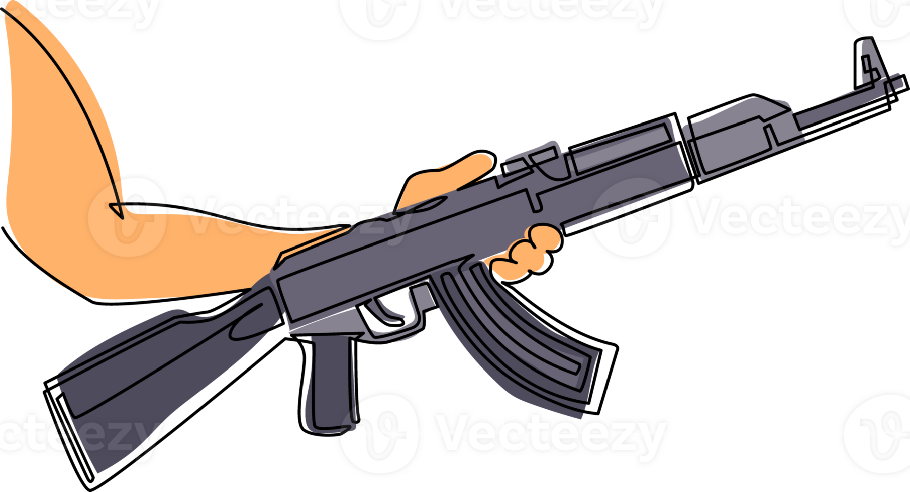 Single continuous line drawing hand holding AK 47 kalashnikov machine gun assault rifle. Weapon firearm terrorism concept. Military automatic rifle. One line draw graphic design illustration png
