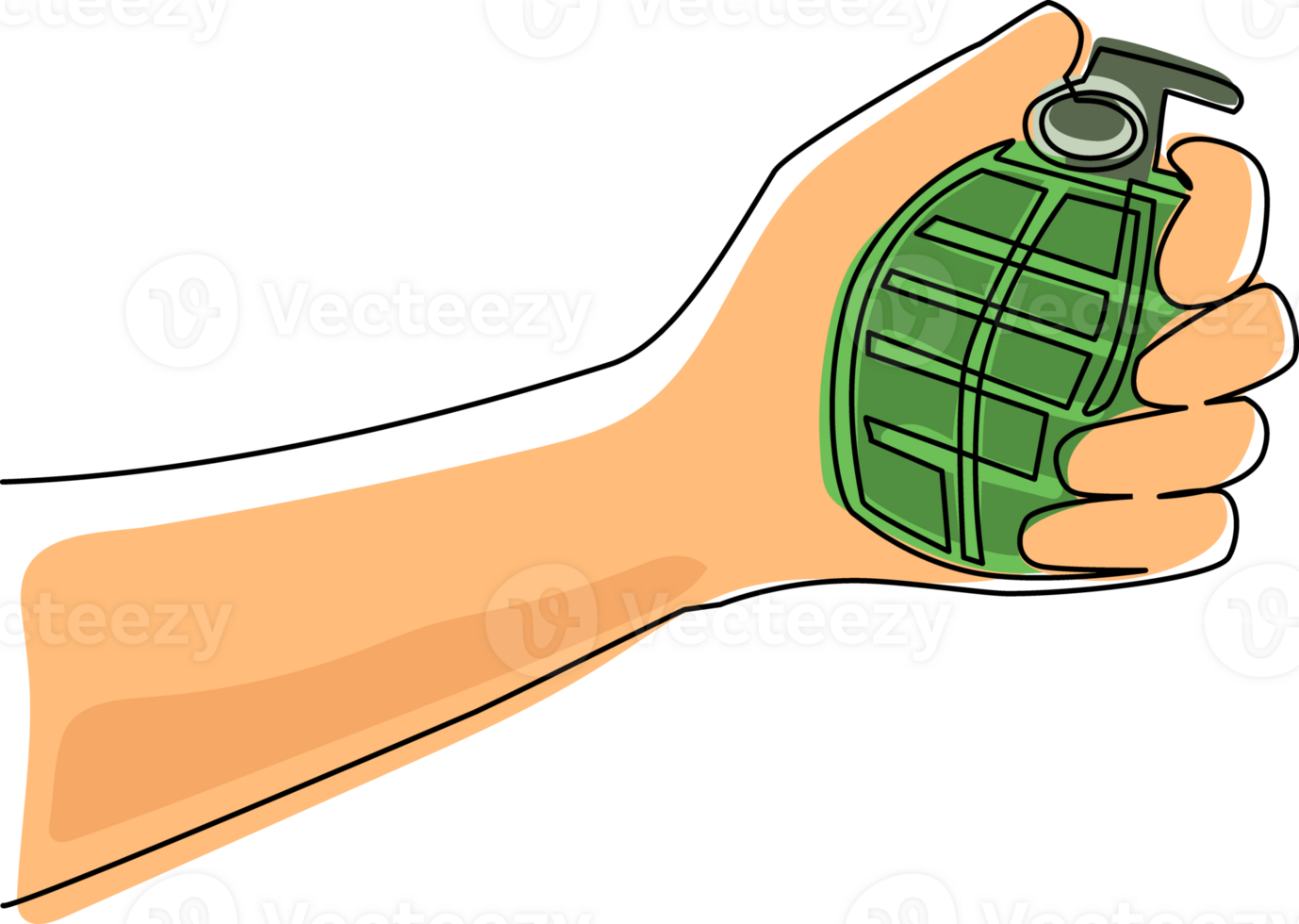 Single one line drawing hand holding grenade. Army explosive weapon equipment symbol icon isolated. Offensive individual soldier weapon. Modern continuous line draw design graphic illustration png