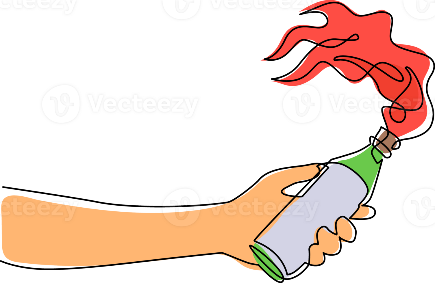 Single one line drawing hand holding molotov cocktail, handmade bomb from bottle glass in flame fire, anarchy demonstrator symbol icon. Modern continuous line draw design graphic illustration png