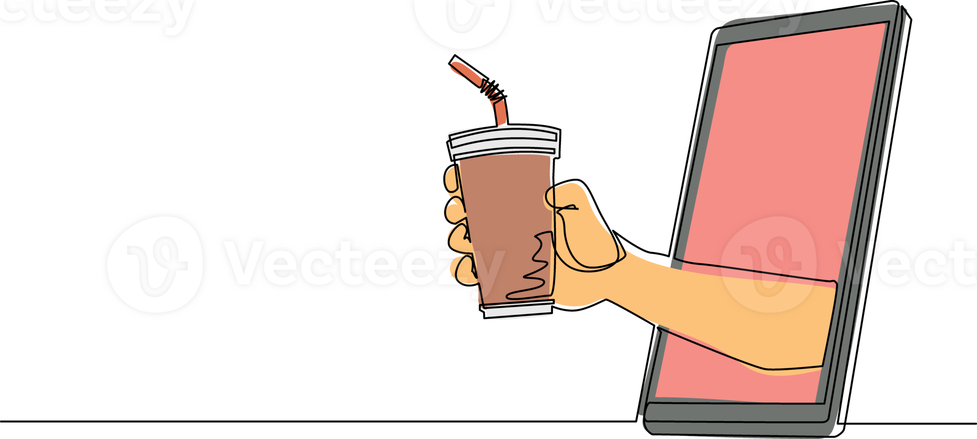Single continuous line drawing hand holding paper cup with straw through mobile phone. Concept of cafe drink order delivery online food. Application for smartphone. One line draw graphic design png
