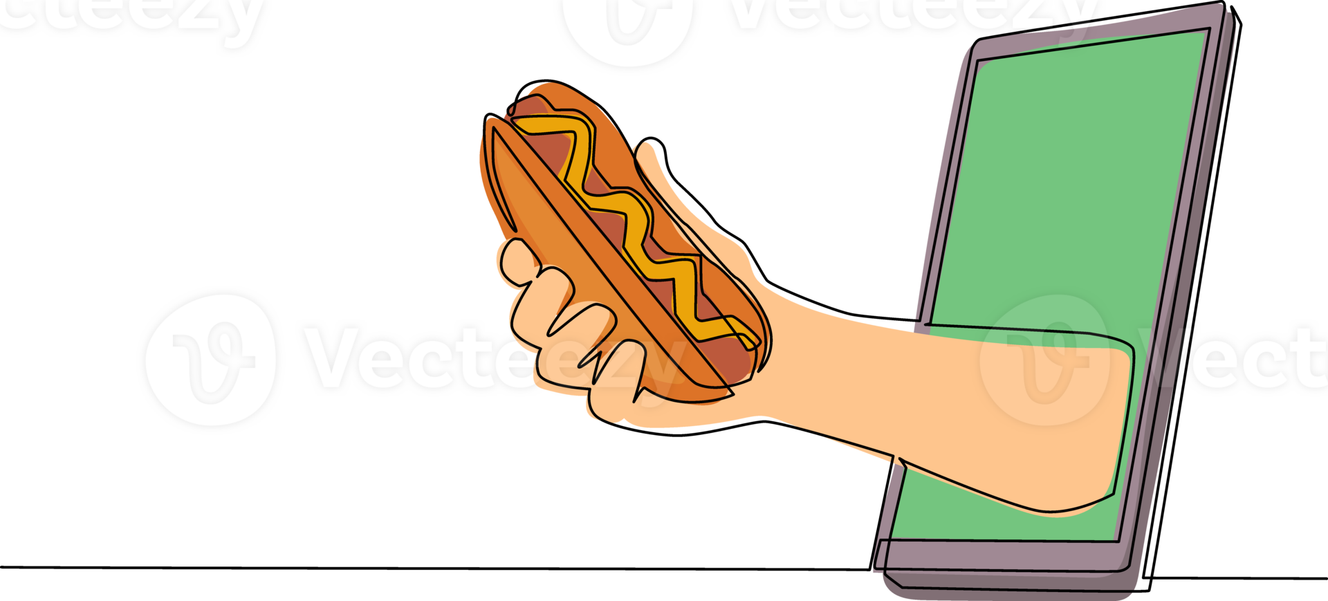 Single one line drawing hand holding hotdog through mobile phone. Concept of restaurant order delivery online food. Application for smartphones. Continuous line draw design graphic illustration png