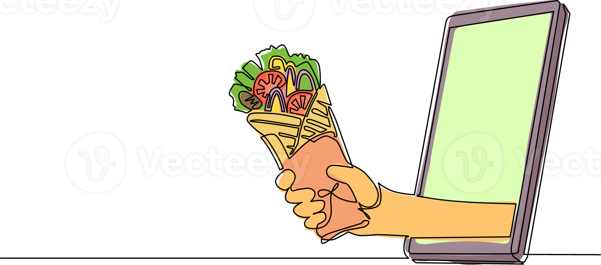 Single continuous line drawing hand holding shawarma through mobile phone. Restaurant order delivery online food concept. Application for smartphones. One line draw graphic design illustration png