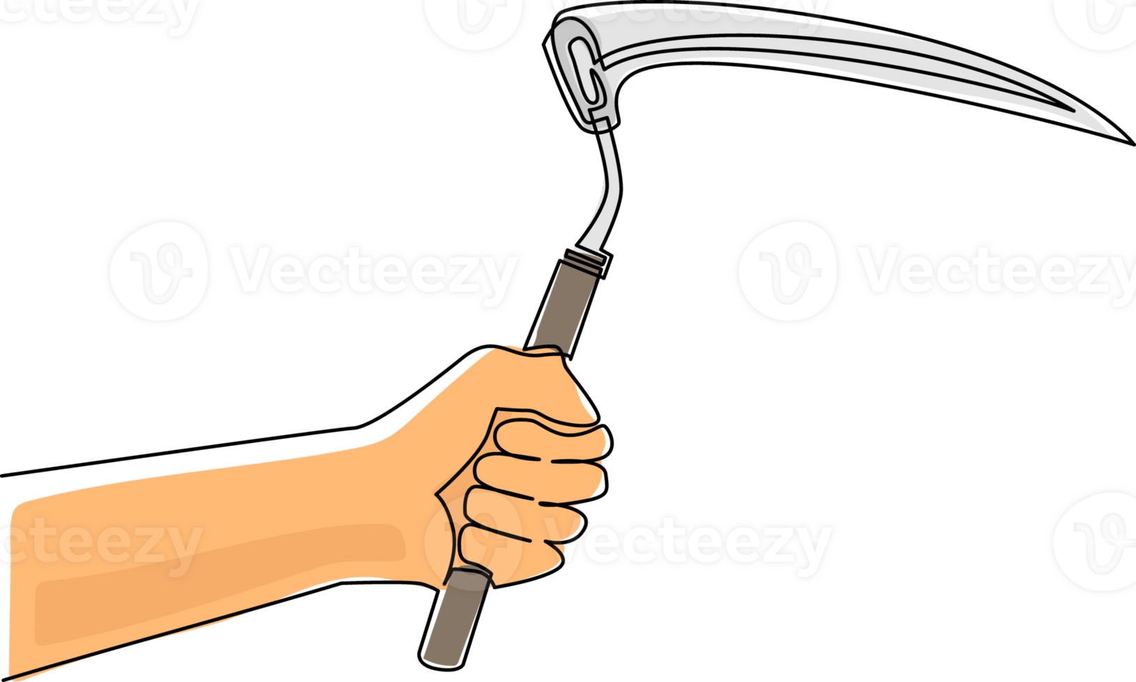 Continuous one line drawing hand holding farm scythe. Scythe agricultural hand tool for mowing grass or reaping crops, sketch engraving isolated. Single line draw design graphic illustration png