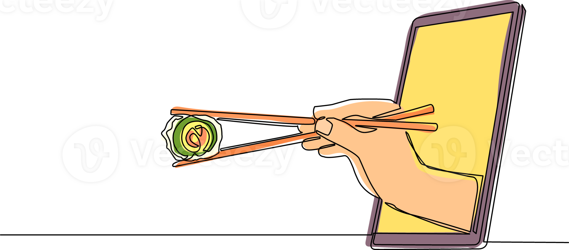 Continuous one line drawing hand holding sushi through mobile phone. Concept of restaurant order delivery online food. Application for smartphones. Single line draw design graphic illustration png