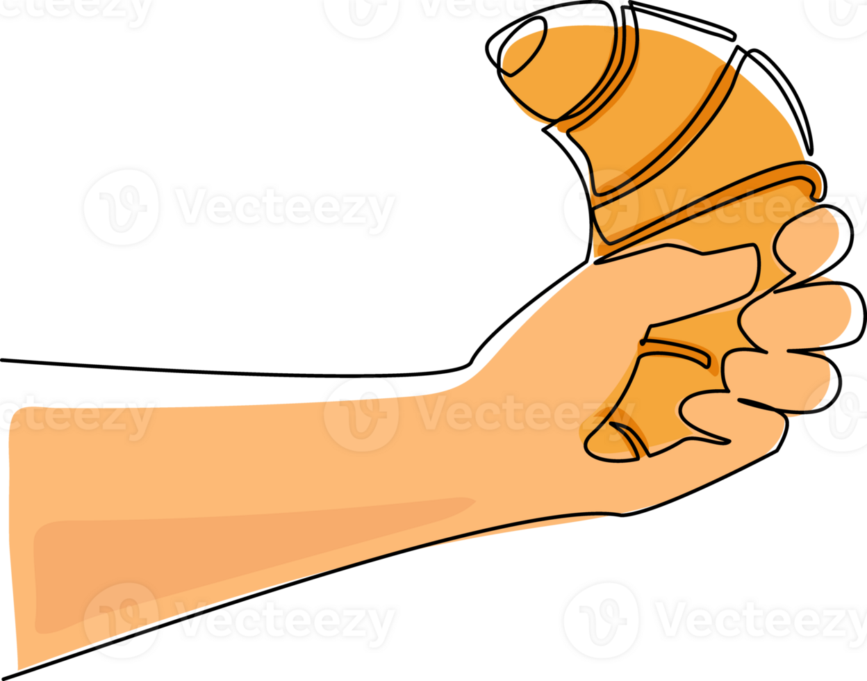 Continuous one line drawing hand holding fresh baked croissant. Hands holding croissant bagel bun. Traditional breakfast. For restaurant or cafe drink menu. Single line draw design graphic png