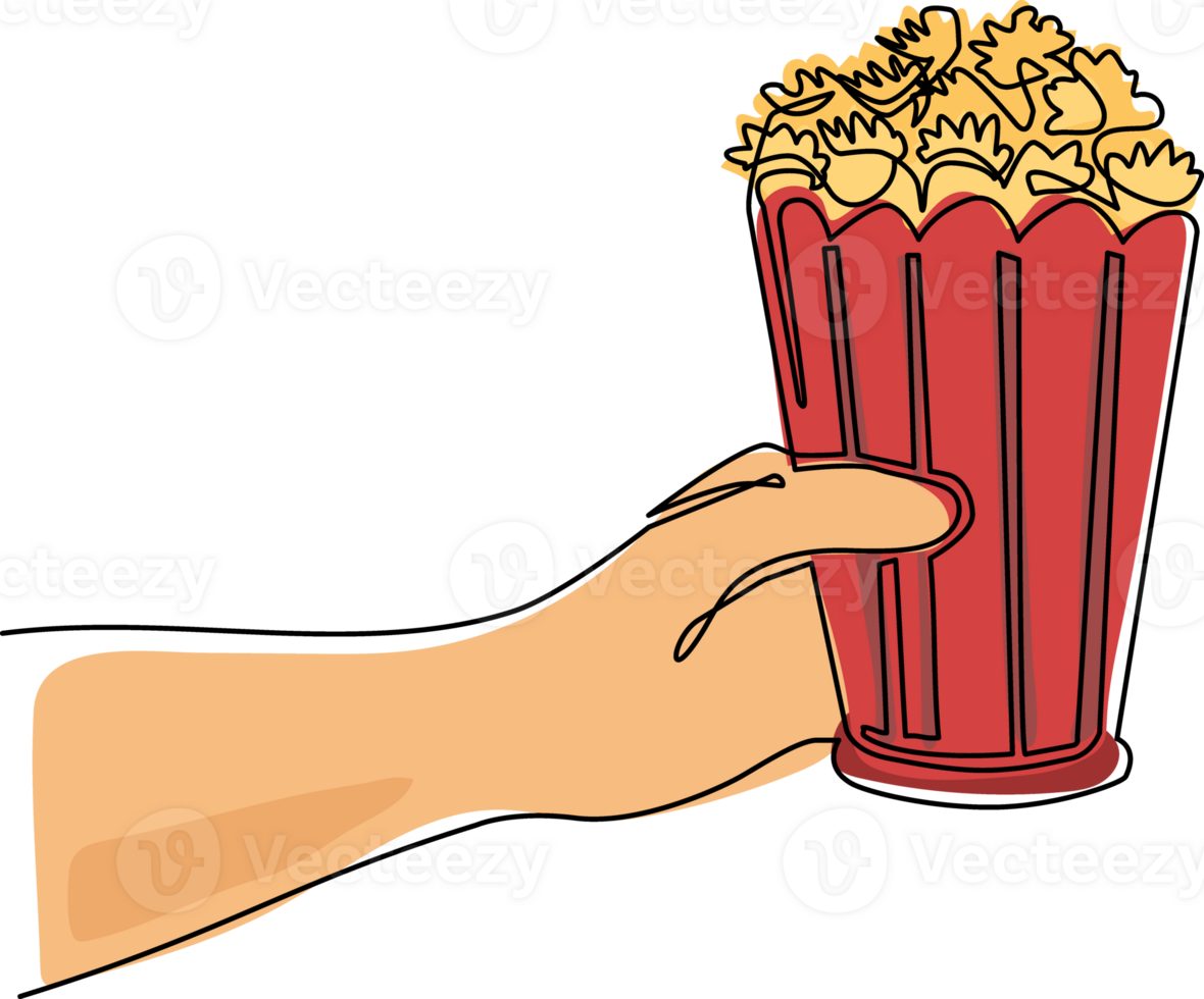 Single one line drawing hand holding popcorn. Human hands holding popcorn box. I love movie cinema icon. Watching movie concept in flat design style. Modern continuous line draw design graphic png