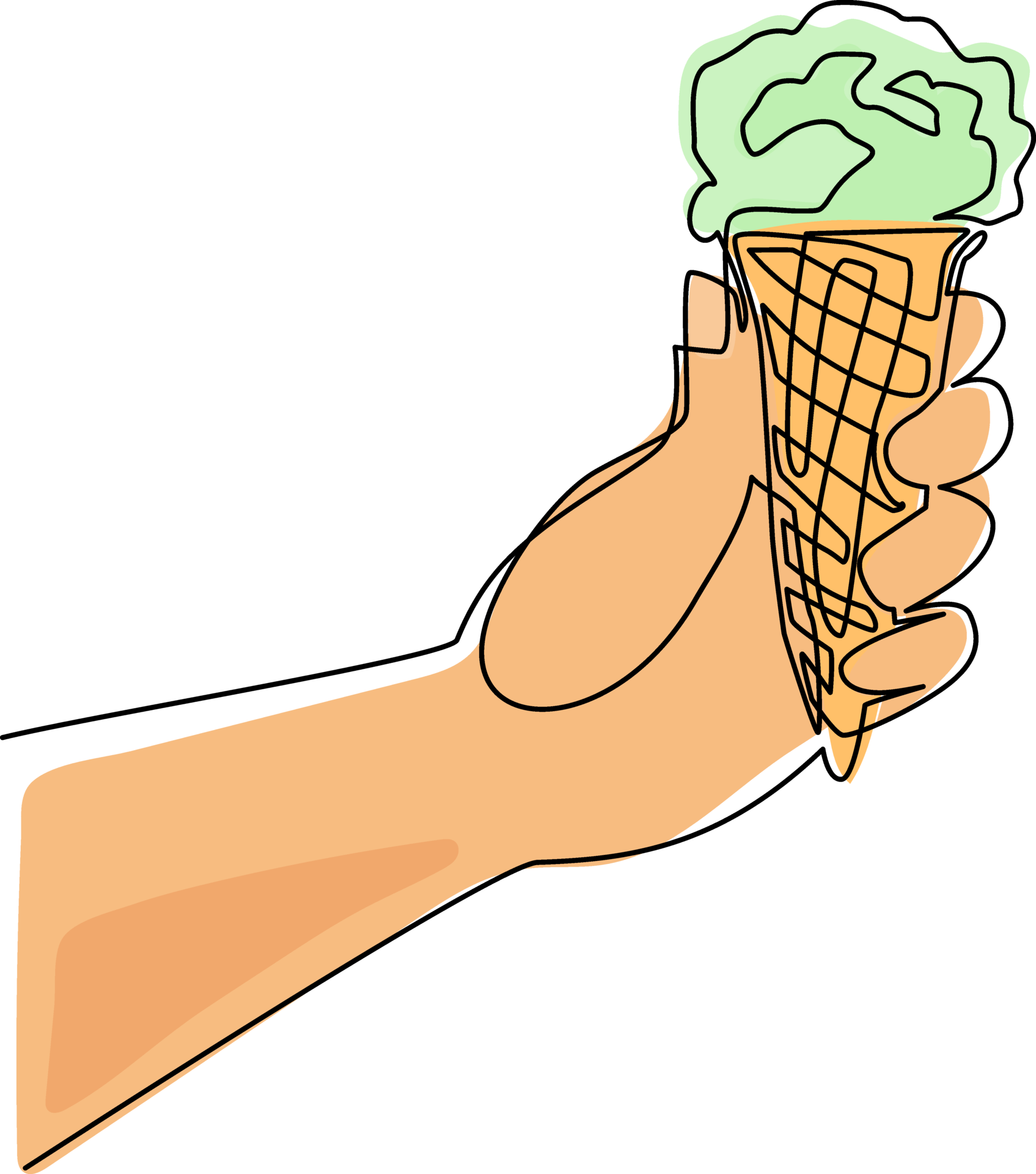 Single continuous line drawing hand holding tasty ice cream in waffle