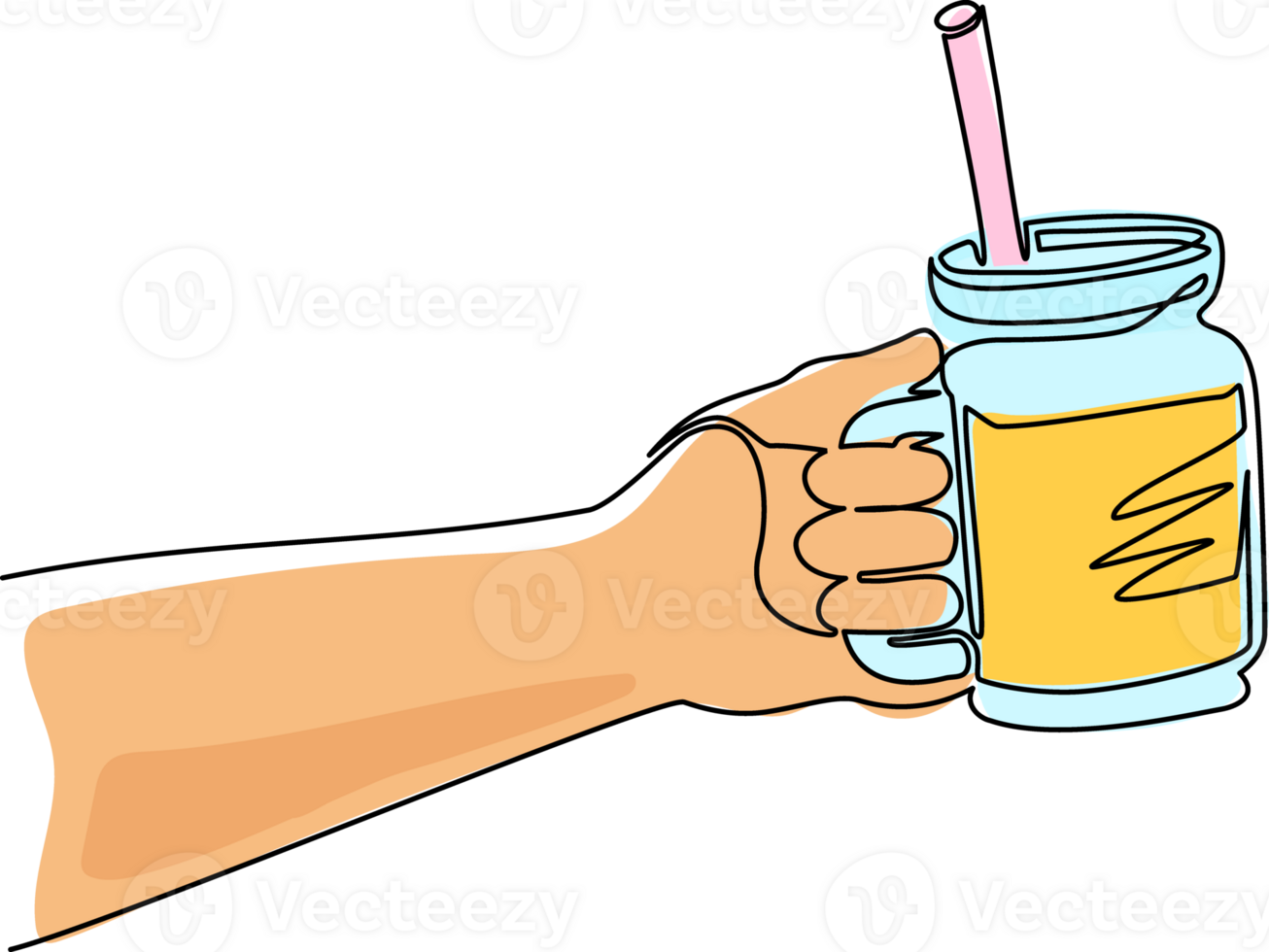 Continuous one line drawing hand holding smoothie juice in glass cup with fruit slice on top. Cold soft drink for summer. Healthy beverage. Vitamin C food. Single line draw design illustration png
