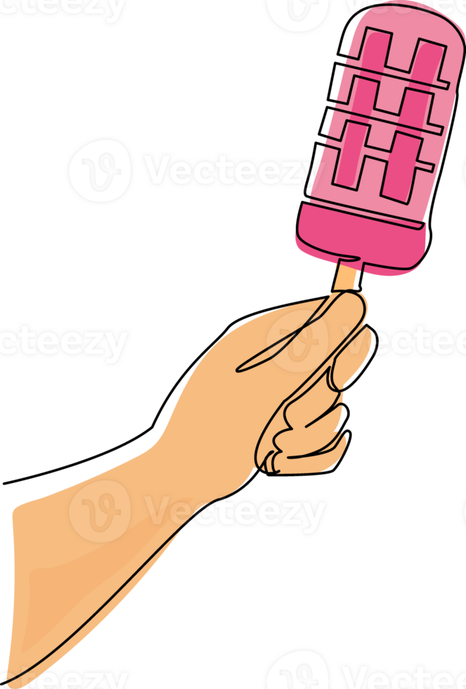 Single one line drawing hand holding popsicle. Ice cream on stick in human hands. Fruit juice ice cream. For restaurant or cafe drink menu. Continuous line draw design graphic illustration png