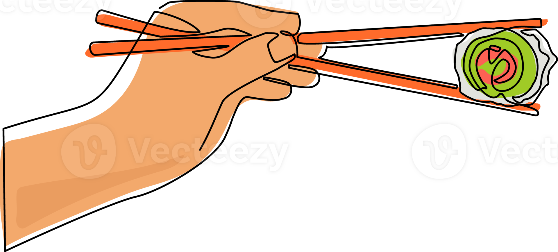Single one line drawing hand holding Japanese, Chinese, Asian sushi, roll with pair of wooden chopsticks. Hand with chopsticks and sushi, roll with salmon. Modern continuous line draw design png