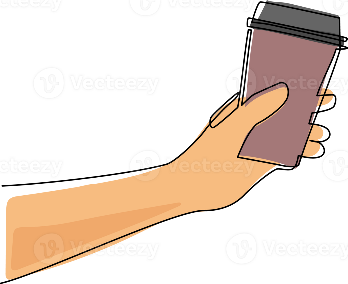 Continuous one line drawing hand holding coffee paper cup to takeaway. Hand hold takeaway coffee in reusable cup. For restaurant or cafe drink menu. Single line draw design graphic illustration png