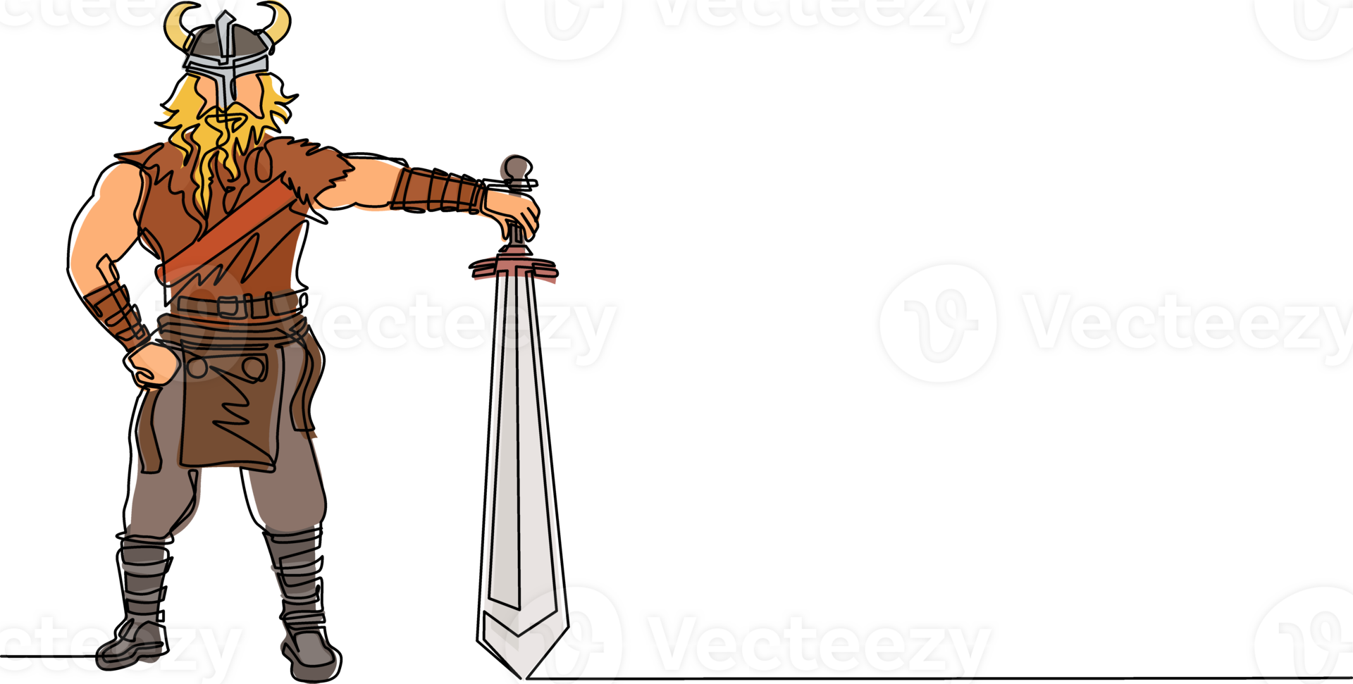 Single one line drawing male viking with strong physique and bellicose air stands holding sword