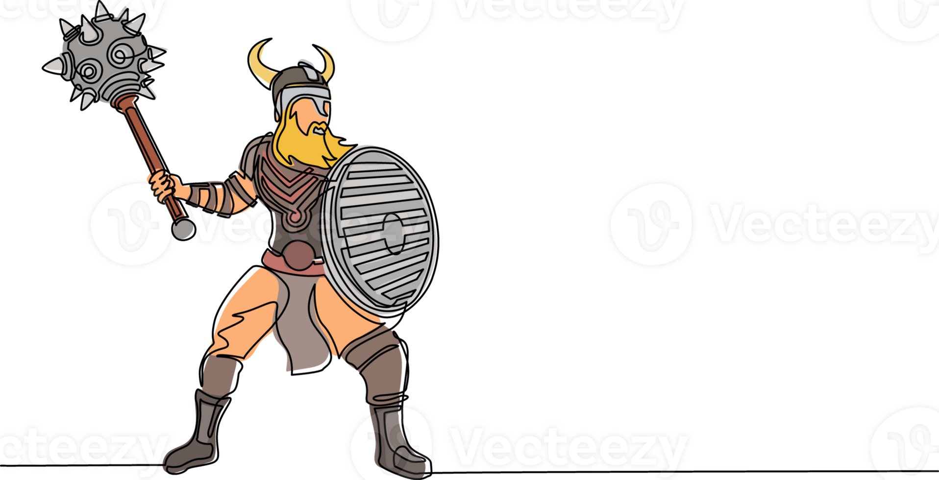 Continuous one line drawing big strong muscular orange warrior viking with mace and shield furiously attacks. Viking in horned helmet holding mace and shield. Single line draw design graphic png