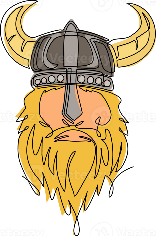 Single continuous line drawing head of bearded viking warrior with horned helmet. Vikings team logo. Sport label with viking illustration. Warrior in helmet logo mascot. One line draw design png