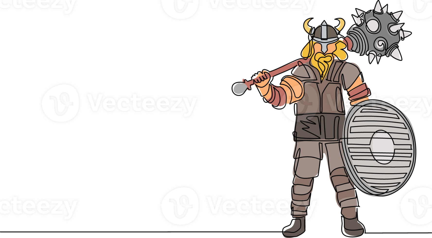 Single one line drawing norseman viking warrior raider barbarian wearing horned helmet with beard holding mace and shield on isolated white background. Continuous line draw design illustration png