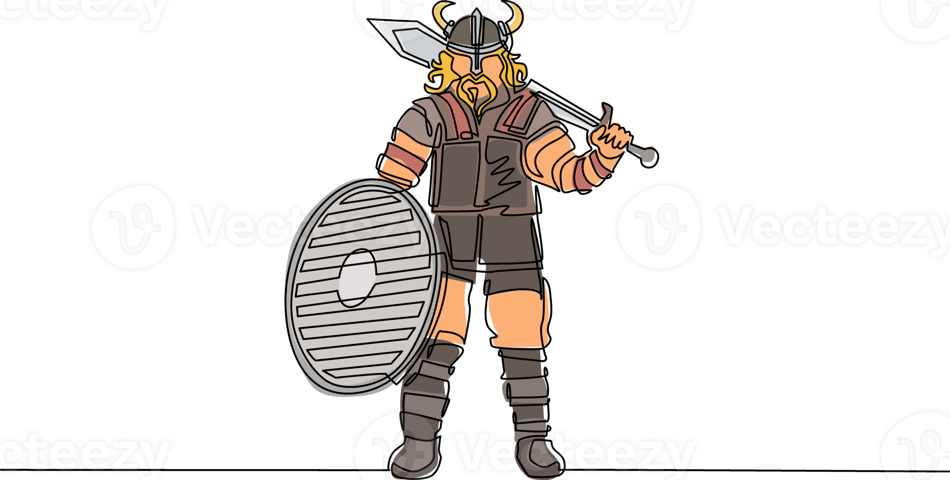 Continuous one line drawing norseman viking warrior raider barbarian wearing horned helmet with beard holding sword and shield on isolated white background. Single line draw design illustration png