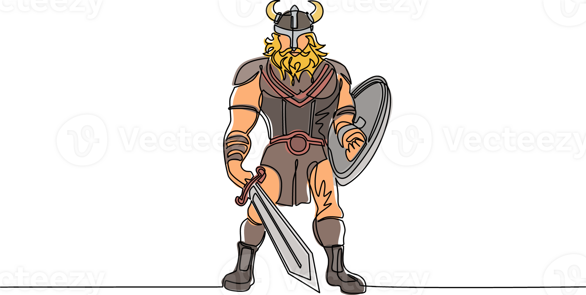 Single continuous line drawing man warrior viking in horned helmet holding sword and shield. Cartoon character male with weapon standing in belligerent pose. One line draw design illustration png