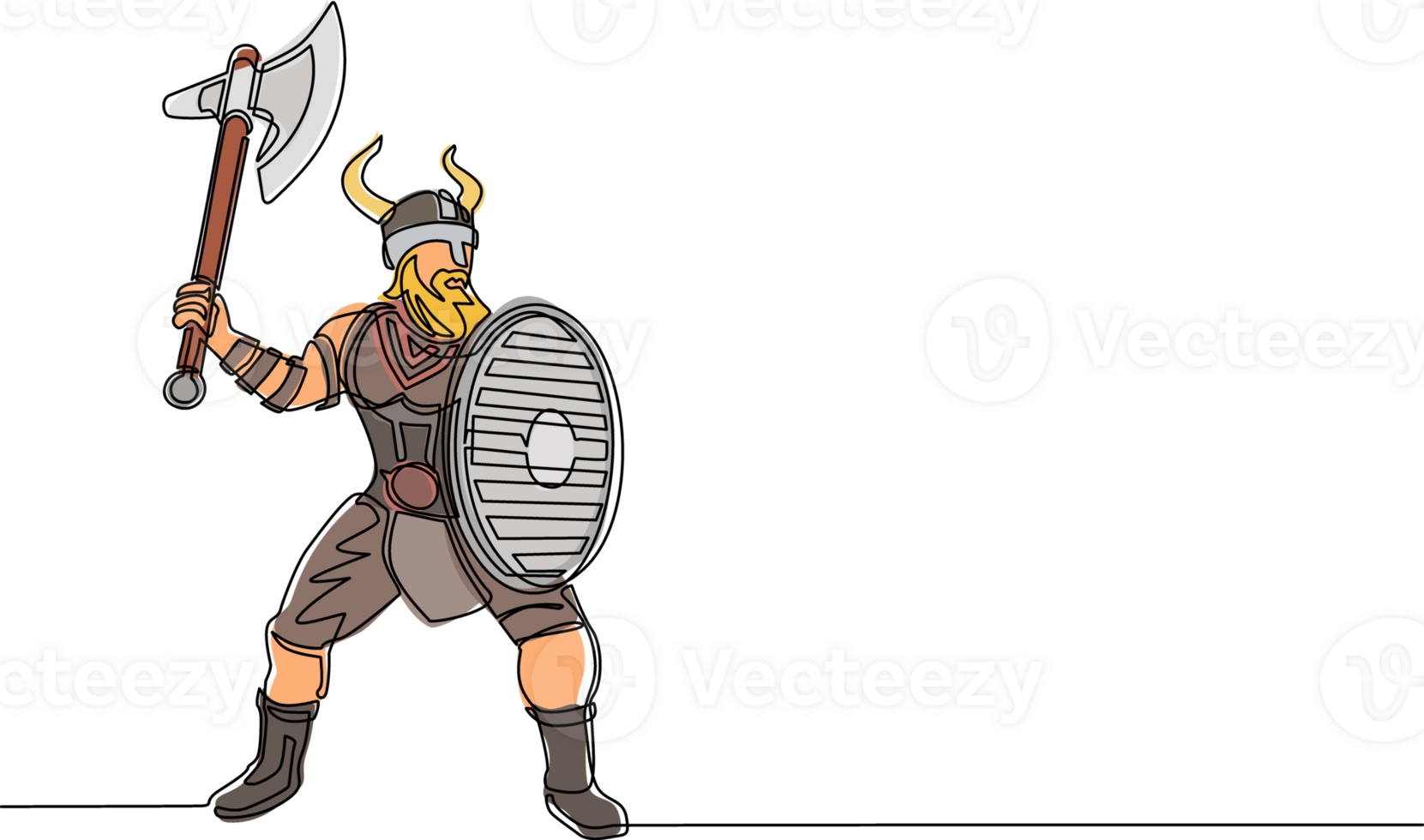 Single one line drawing big strong muscular orange warrior viking with axe and shield furiously attacks. Viking in horned helmet holding axe and shield. Continuous line draw design illustration png