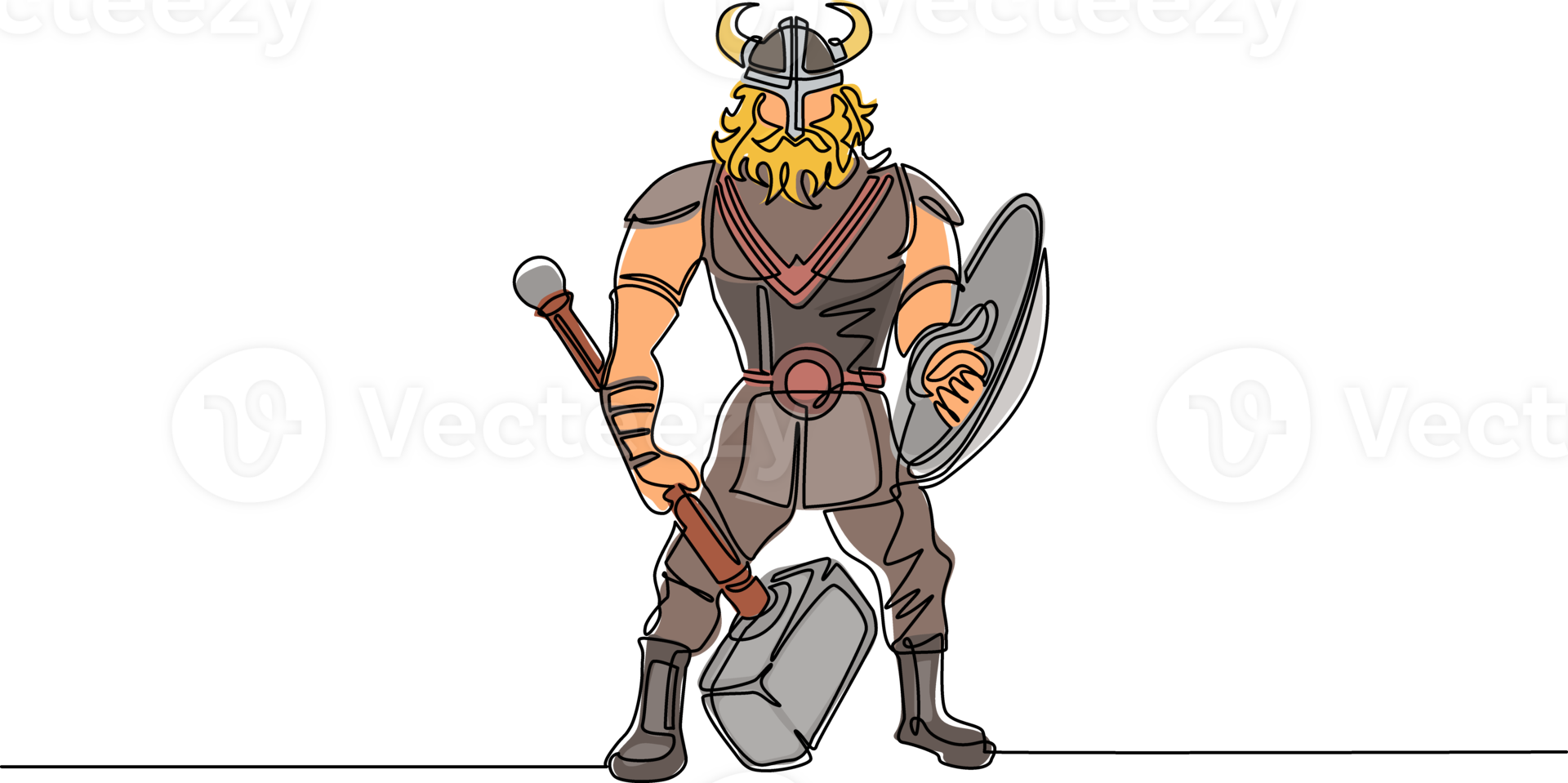 Single one line drawing man warrior viking in horned helmet holding hammer and shield. Cartoon character male with weapon standing in belligerent pose. Continuous line draw design illustration png