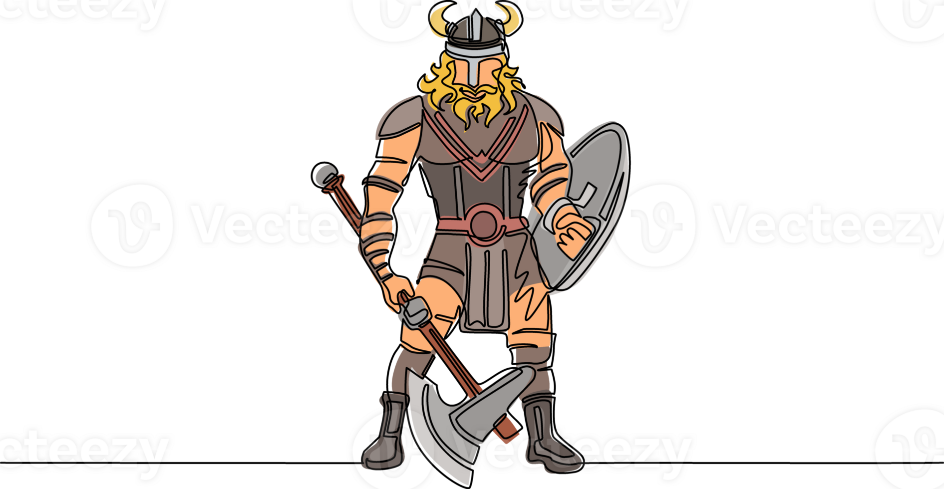 Continuous one line drawing man warrior viking in horned helmet holding axe and shield. Cartoon character male with weapon standing in belligerent pose. Single line draw design illustration png