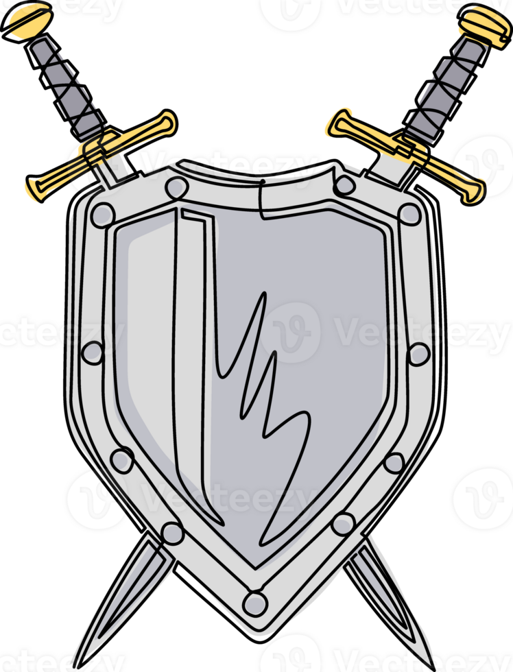 Continuous one line drawing shield and crossed swords icon, flat design swords and shield icon, sword icon conception with shield icon, blade and shield. Single line draw illustration png