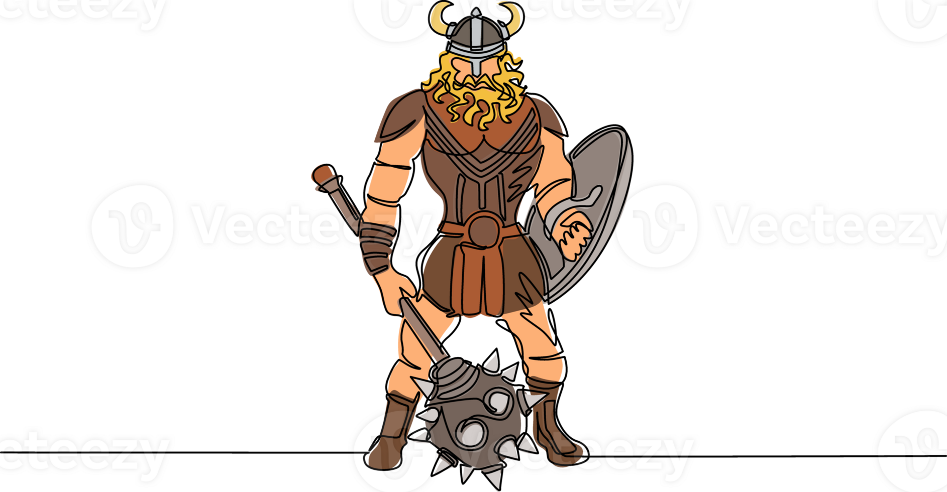 Single continuous line drawing man warrior viking in horned helmet holding mace and shield. Cartoon character male with weapon standing in belligerent pose. Dynamic one line draw graphic design png