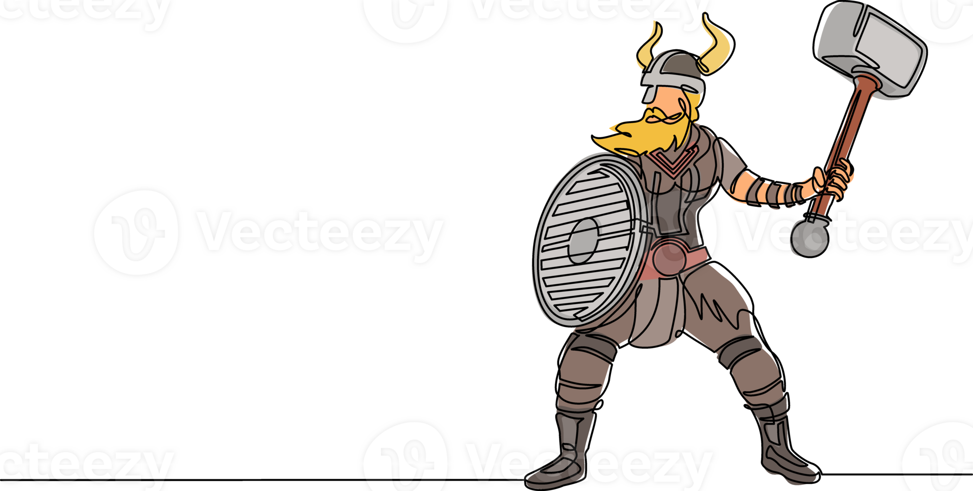 Continuous one line drawing big strong muscular orange warrior viking with hammer and shield furiously attack. Viking in horned helmet holding hammer and shield. Single line draw design graphic png