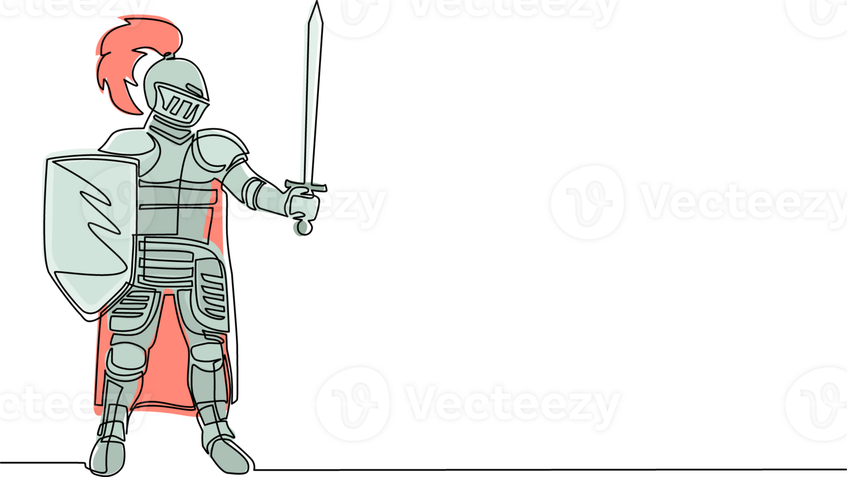 single doorlopend lijn tekening middeleeuws ridder in schild, kaap en helm met veerkracht. krijger van midden- leeftijden staan, Holding schild en verheven zwaard. ridderlijkheid figuur. een lijn trek ontwerp png