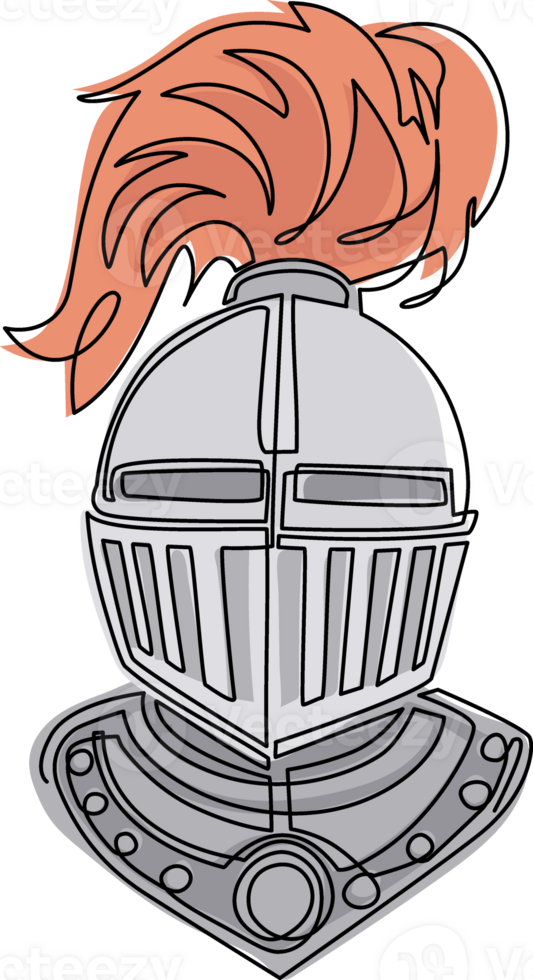 Single one line drawing knight in helmet armor, spartan warrior head. Medieval warrior knight in armour helmet with visor and plumage, heraldry symbols. Continuous line draw design illustration png