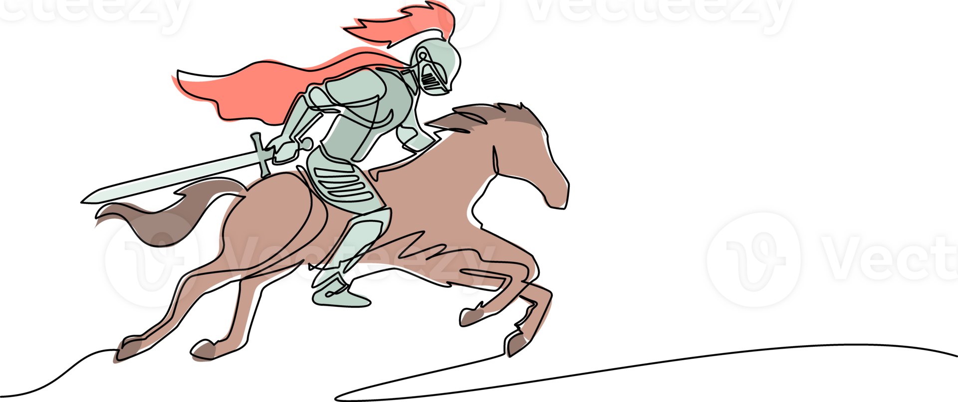singolo uno linea disegno medievale cavaliere equitazione cavallo - groppa soldato con spada e scudo. cavaliere su a cavallo. medievale araldica simbolo. continuo linea disegnare design grafico illustrazione png