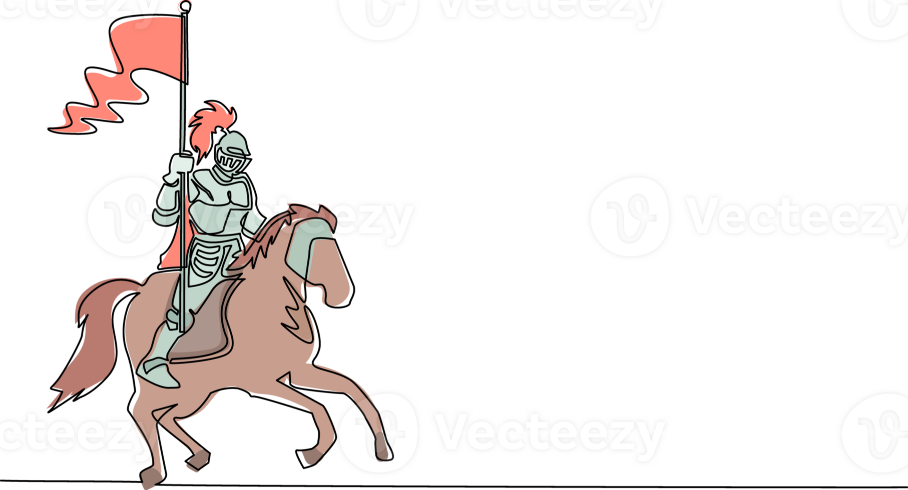 Single continuous line drawing medieval knight on horse carrying flag. Knight mounted in armor riding on horseback on horse holding flag. Ancient fighter. Dynamic one line draw graphic design png